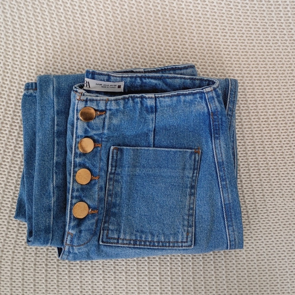 ZARA Super High Rise 13" Wide Leg Jeans Blue Patch Pocket Button Fly 4 W26x25 - Picture 12 of 12
